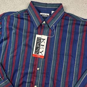 Vintage Key Elements 90's Button Shirt Blue Red Stripe Long Sleeve Large‎ NOS